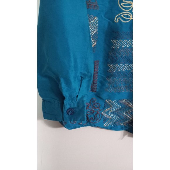 Christina Hope Medium Turquoise Blue Embroidered Silk Vintage Button Down Shirt - Picture 4 of 7
